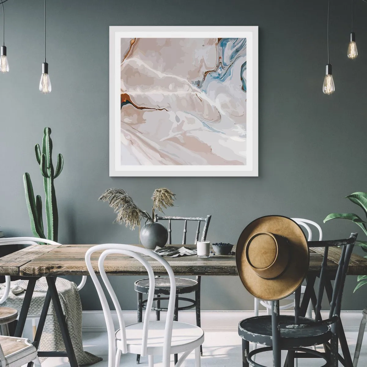 Plakát v bílém rámu - Modré meandry pod bílou - 30x30 cm