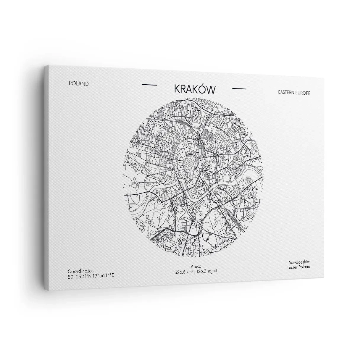 Obraz na plátně - Mapa Krakova v minimalistickém stylu - 70x50cm - Anatomie Krakova - Moderní nástěnná dekorace do obývacího pokoje a ložnice ARTTOR