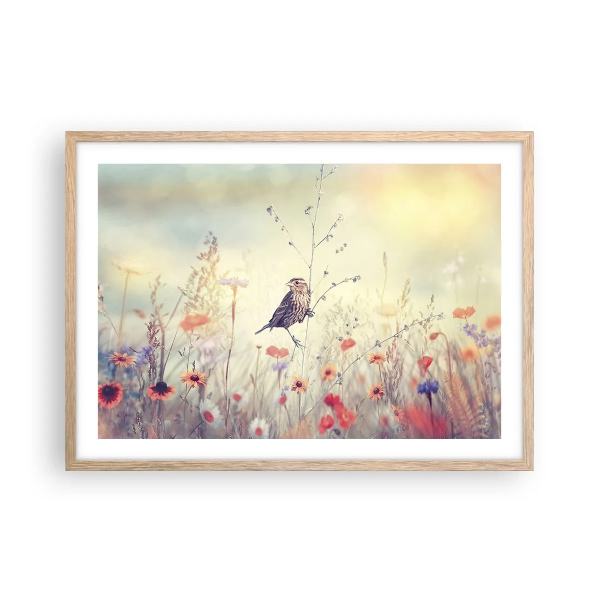 Plakát v rámu světlý dub - Portrét ptáka s loukou v pozadí - 70x50 cm