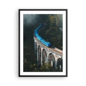 Plakát v černém rámu - Modrý vlak projíždějící přes malebný viadukt - 50x70cm - Přitažlivost přírody - Moderní nástěnná dekorace do obývacího pokoje a ložnice ARTTOR