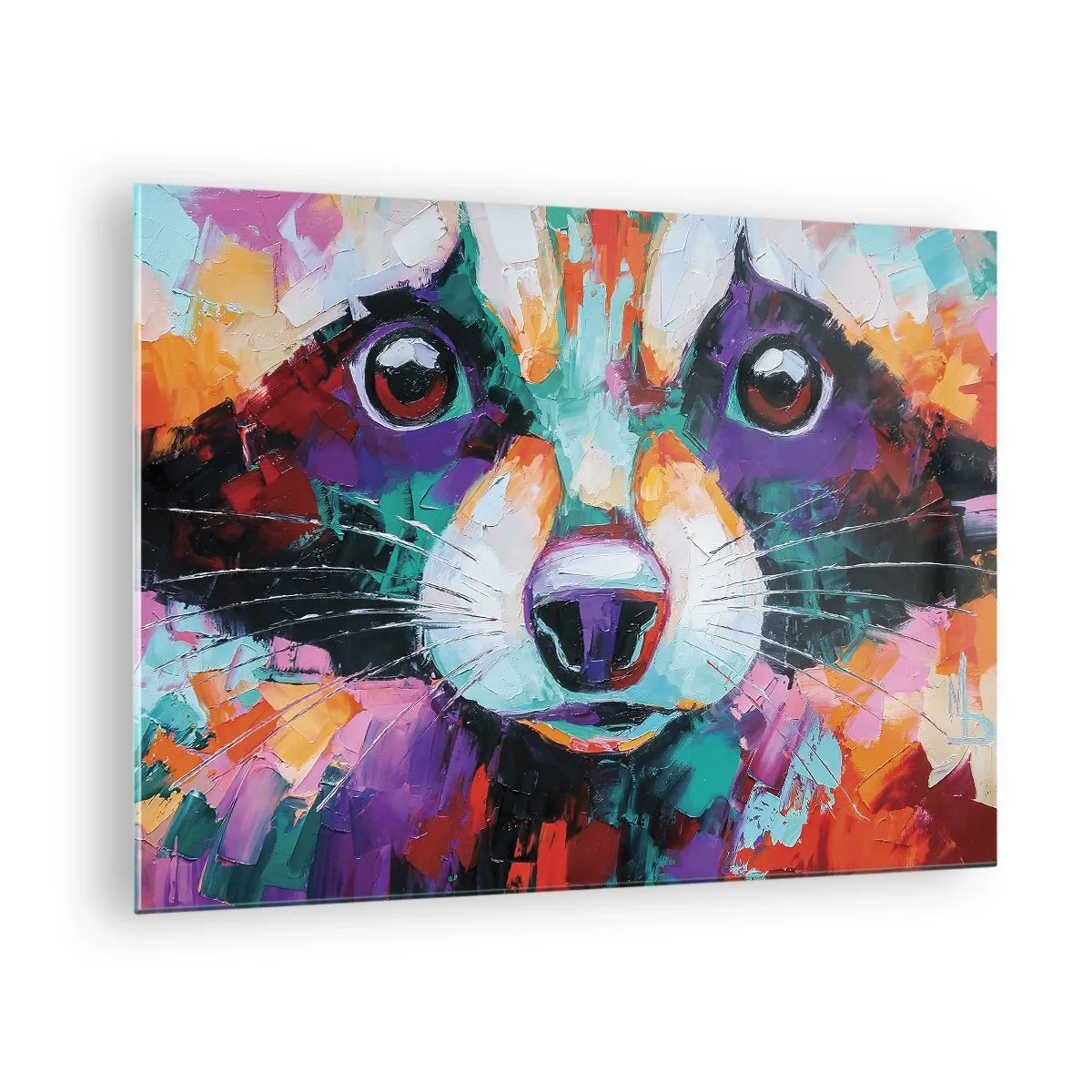 Obraz na skle - Živý a barevný portrét mývala namalovaný výraznými tahy štětcem - 70x50cm - Pouze dobré emoce - Moderní nástěnná dekorace do obývacího pokoje a ložnice ARTTOR