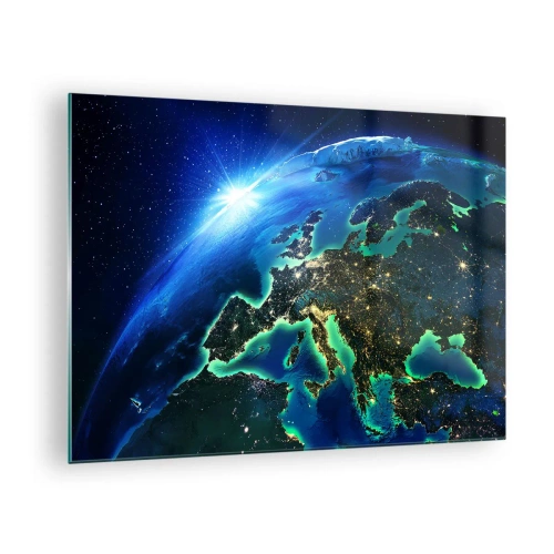 Obraz na skle - Pohled na Zemi z vesmíru s Evropou zářící v noci - 70x50cm - Jiskřivá Evropa - Moderní nástěnná dekorace do obývacího pokoje a ložnice ARTTOR