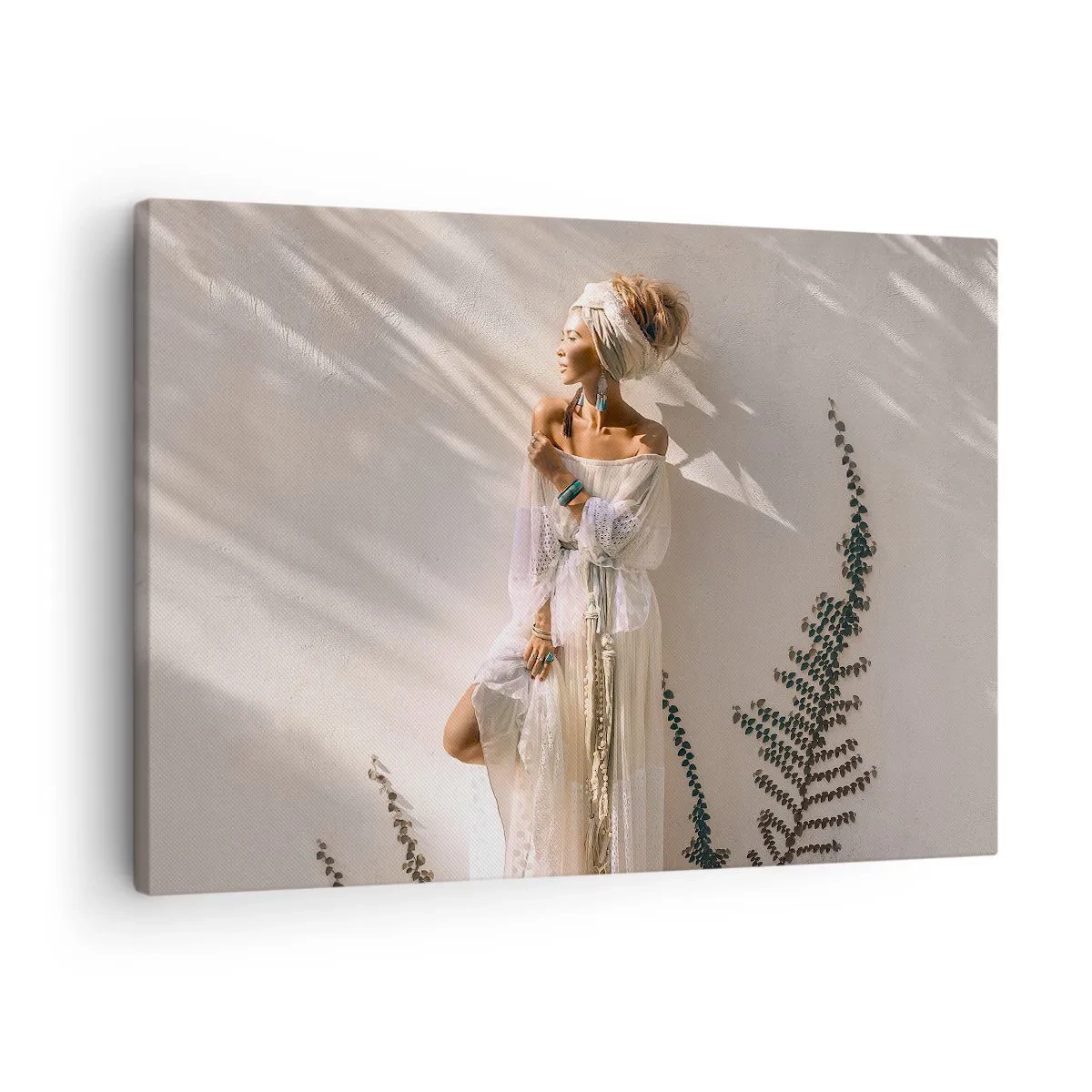 Obraz na plátně - Žena v boho stylu ozářená slunečními paprsky - 70x50cm - Slunce a dívka - Moderní nástěnná dekorace do obývacího pokoje a ložnice ARTTOR