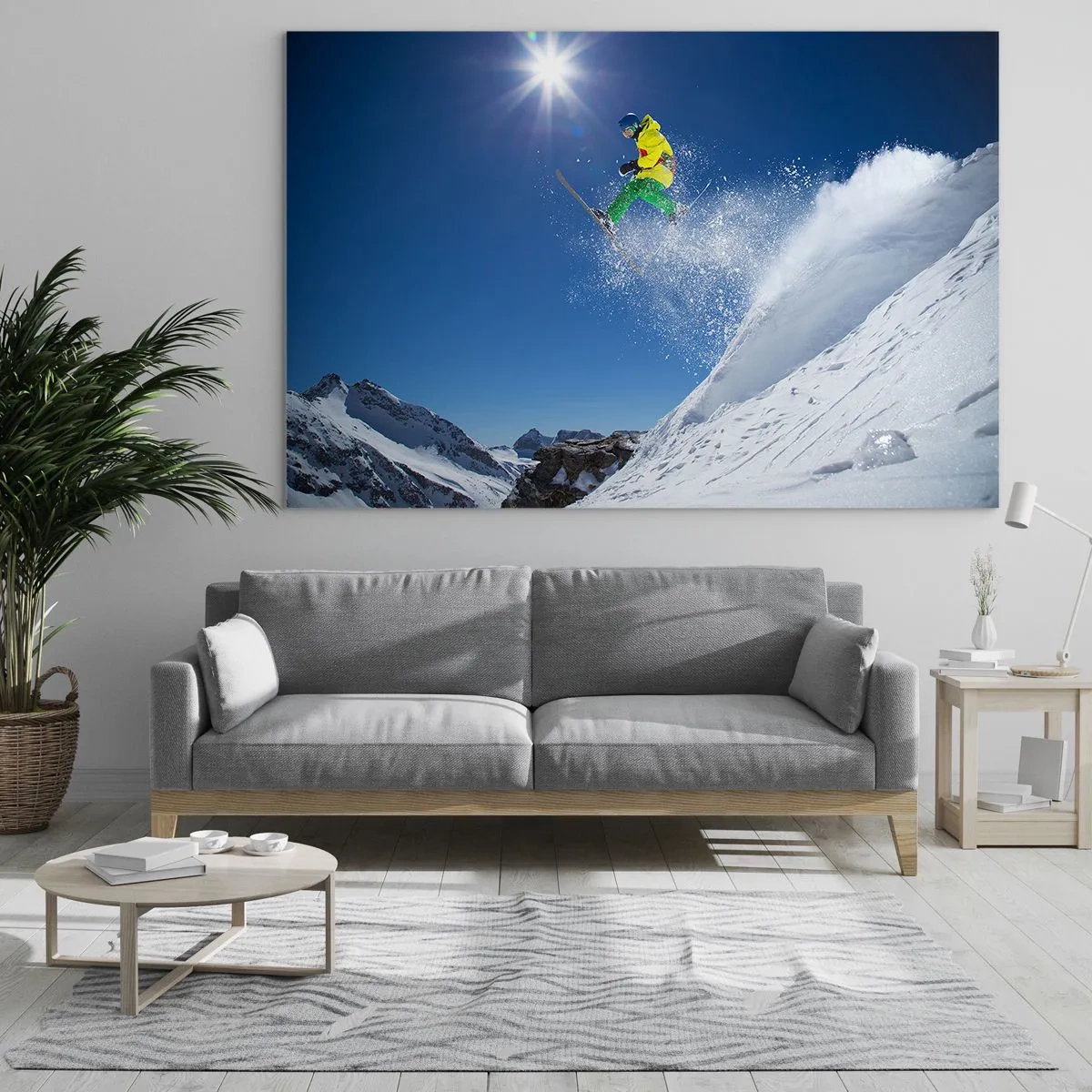 Obraz na skle - Lyžař v akci na pozadí zasněžených hor - 70x50cm - Tančící s horami - Moderní nástěnná dekorace do obývacího pokoje a ložnice ARTTOR