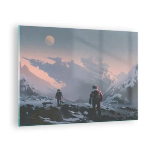 Obraz na skle - Astronauti na cizí planetě s vrakem lodi v pozadí - 70x50cm - Pod neznámou hvězdou - Moderní nástěnná dekorace do obývacího pokoje a ložnice ARTTOR