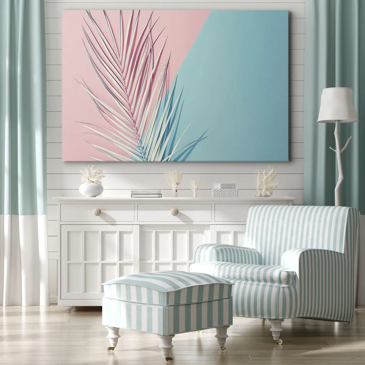 Obraz na plátně - Tropický list na pozadí pastelových odstínů růžové a modré - 70x50cm - Tropický dojem - Moderní nástěnná dekorace do obývacího pokoje a ložnice ARTTOR