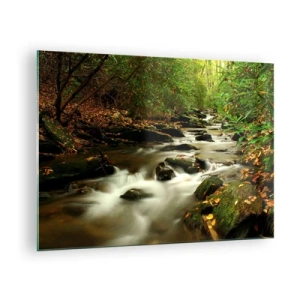 Obraz na skle - Potok v lese obklopený kameny a listím - 70x50cm - Jako tekuté stříbro - Moderní nástěnná dekorace do obývacího pokoje a ložnice ARTTOR