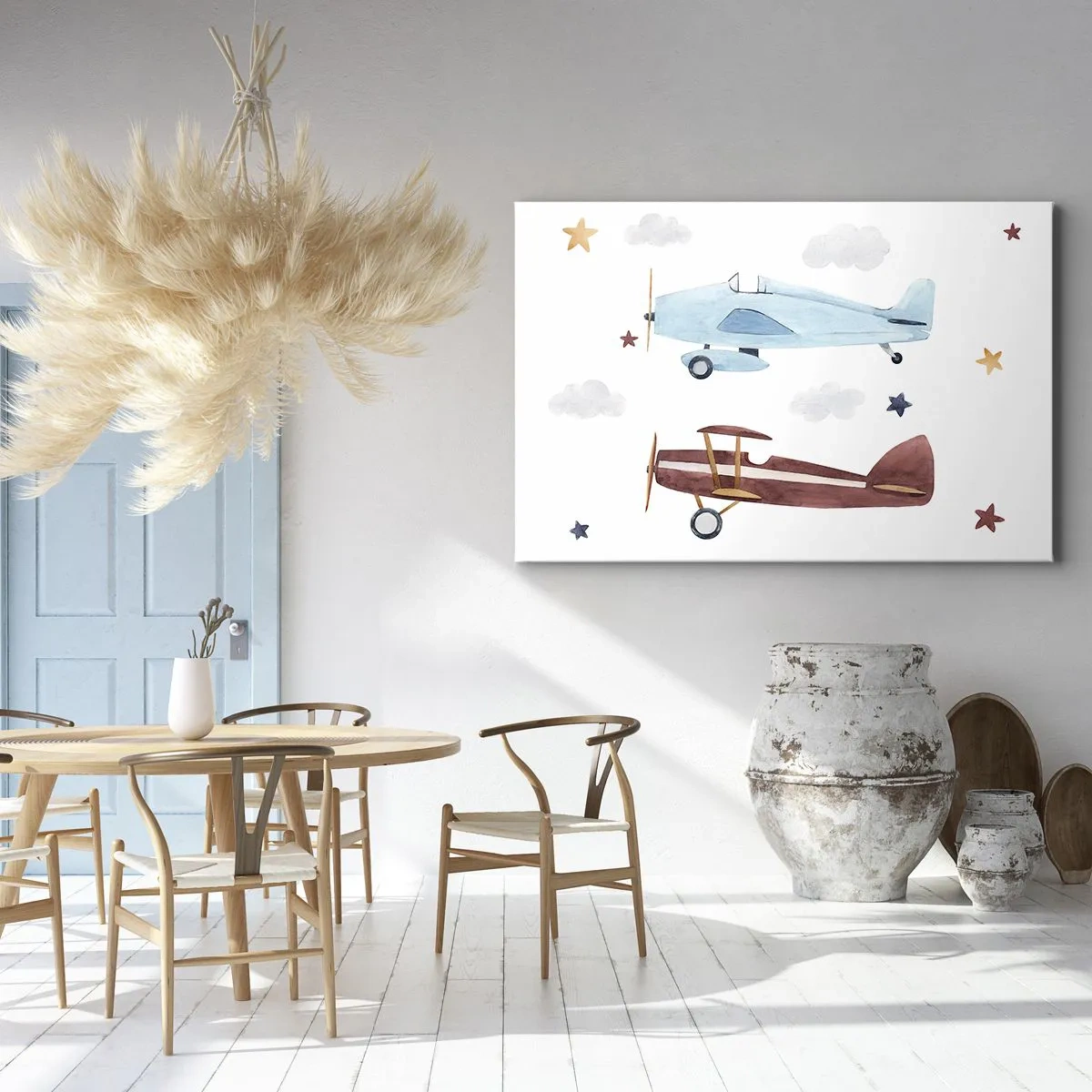 Obraz na plátně - Ručně malovaná letadla na pozadí mraků a hvězd - 70x50cm - Pane pilote, čekáme! - Moderní nástěnná dekorace do obývacího pokoje a ložnice ARTTOR