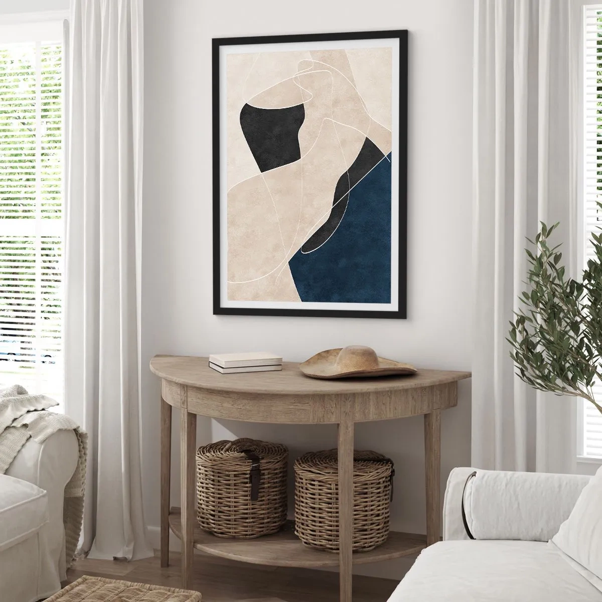 Plakát v černém rámu - Geometrická abstrakce v odstínech béžové, černé a tmavě modré - 50x70cm - Abstraktní kompozice – kontrast barev - Moderní nástěnná dekorace do obývacího pokoje a ložnice ARTTOR