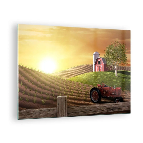 Obraz na skle - Západ slunce nad farmou s polem a traktorem - 70x50cm - Farma jako z pohádky - Moderní nástěnná dekorace do obývacího pokoje a ložnice ARTTOR