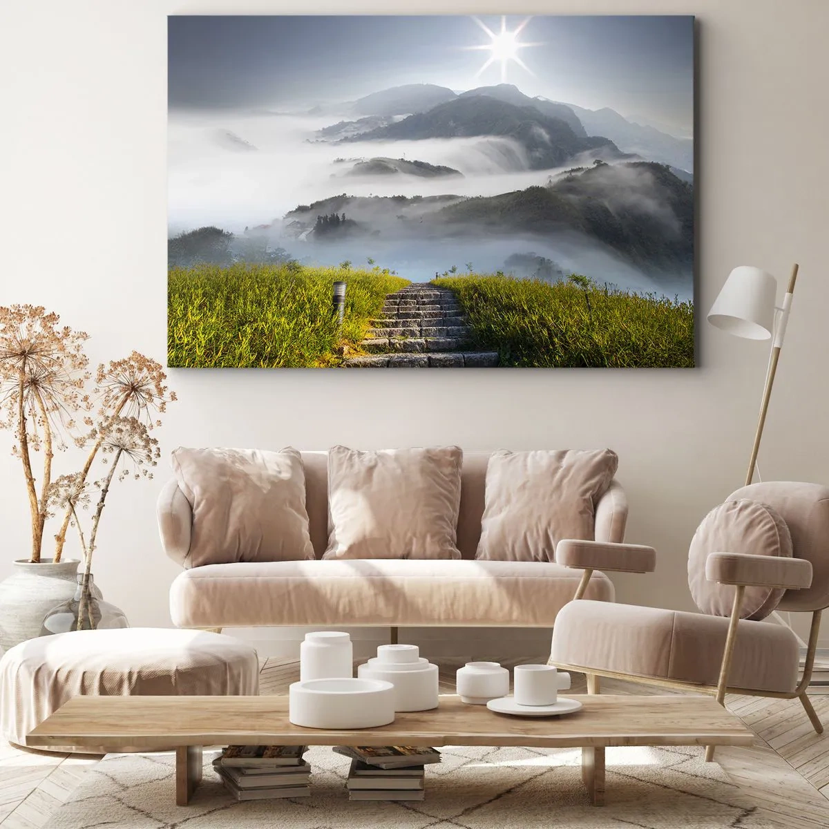 Obraz na plátně - Kamenné schody vedoucí nahoru přes hory zahalené v ranní mlze - 70x50cm - Stále vzhůru do oblak - Moderní nástěnná dekorace do obývacího pokoje a ložnice ARTTOR