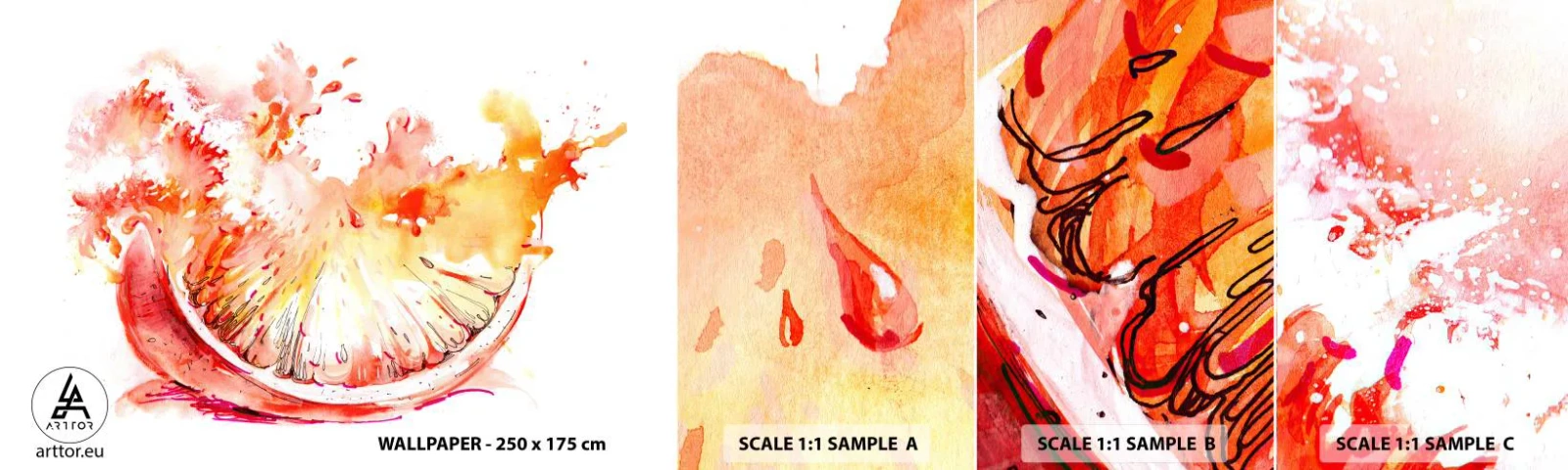 Vzor Fototapety Samolepicí Deluxe Sticker - Šťavnaté osvěžení - Abstrakce, oranžový, Grafika - 100x30 cm