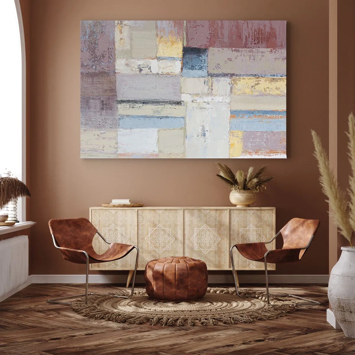 Obraz na plátně - Geometrická kompozice v pastelových barvách - 70x50cm - Klid geometrie - Moderní nástěnná dekorace do obývacího pokoje a ložnice ARTTOR