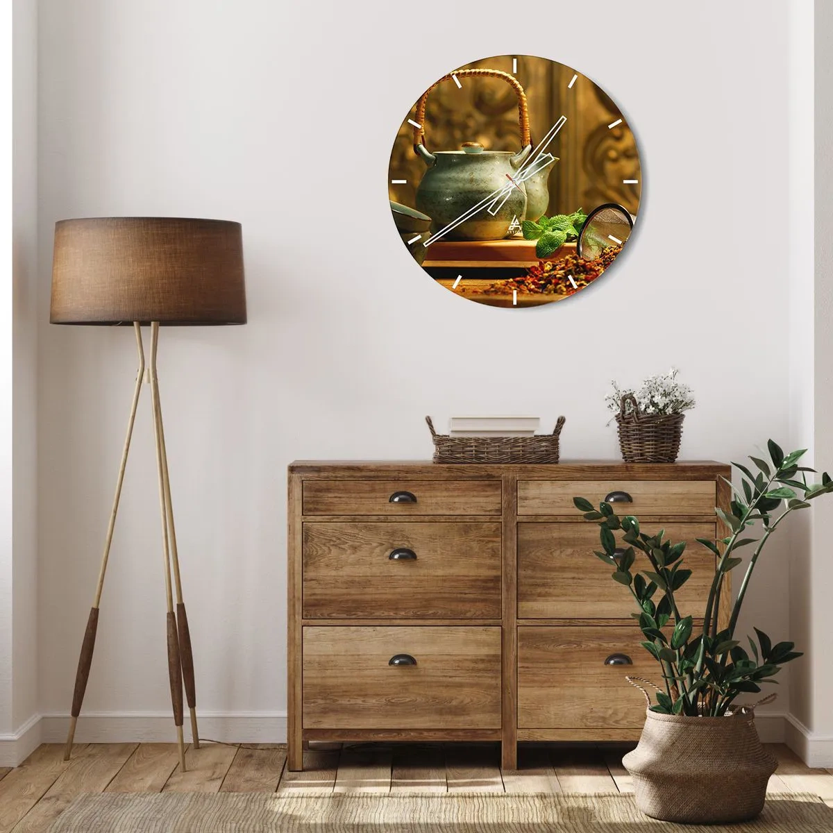 Nástěnné hodiny - Konvička zeleného čaje s čerstvými lístky máty - 30x30cm - Traktát o pití čaje - Moderní nástěnná dekorace do obývacího pokoje, kuchyně a ložnice ARTTOR