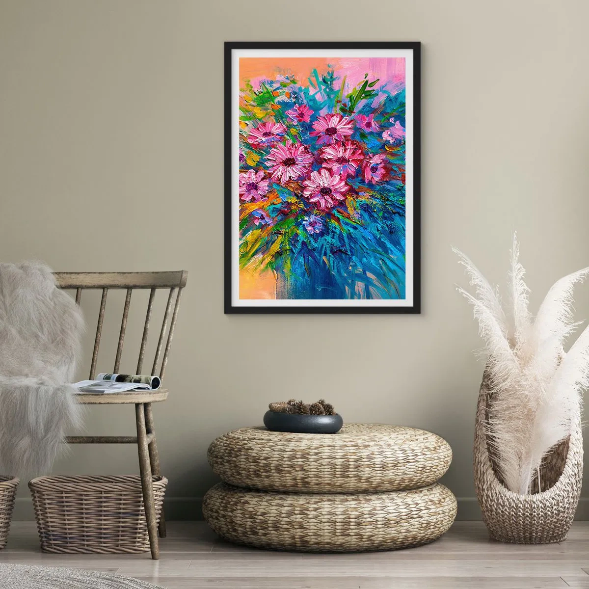 Plakát v černém rámu - Kytice intenzivně barevných květin na abstraktním pozadí - 50x70cm - Energie života - Moderní nástěnná dekorace do obývacího pokoje a ložnice ARTTOR