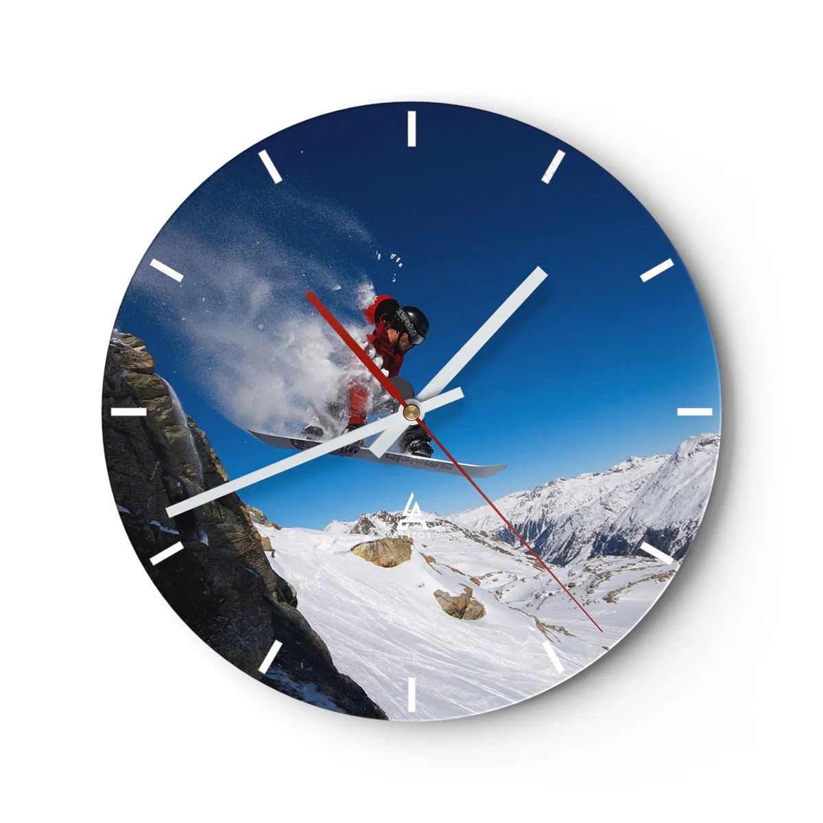 Nástěnné hodiny - Snowboardista provádí skok na pozadí horské krajiny. - 30x30cm - A stal ses součástí prostoru - Moderní nástěnná dekorace do obývacího pokoje, kuchyně a ložnice ARTTOR