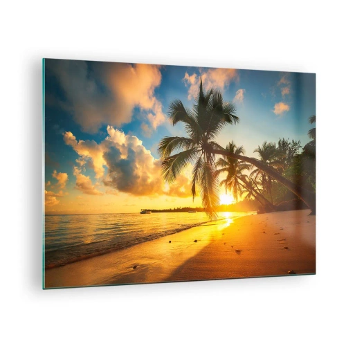 Obraz na skle - Tropická pláž s palmami při západu slunce - 70x50cm - Karibský sen - Moderní nástěnná dekorace do obývacího pokoje a ložnice ARTTOR