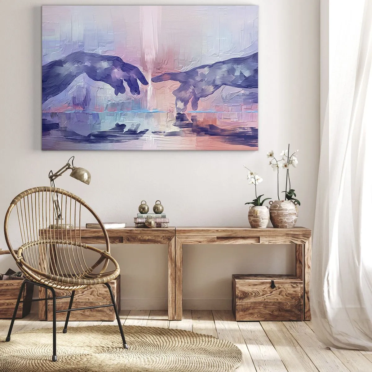 Obraz na plátně - Symbolické ruce v abstraktních barvách, odkazující na téma stvoření - 70x50cm - Božská jiskra života - Moderní nástěnná dekorace do obývacího pokoje a ložnice ARTTOR