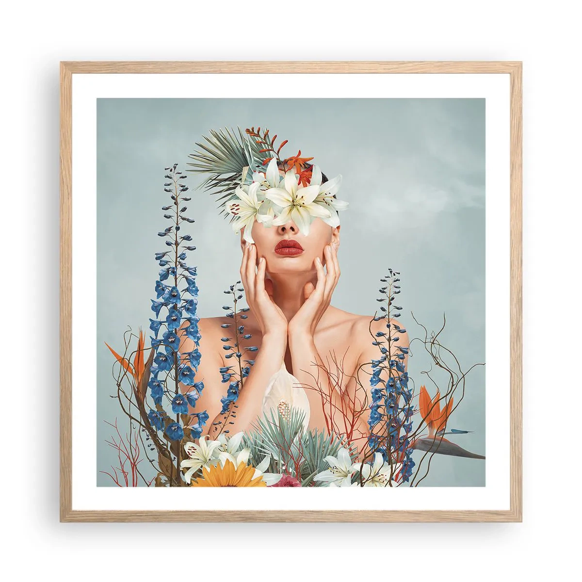 Plakát v rámu světlý dub - Žena – květina - 60x60 cm