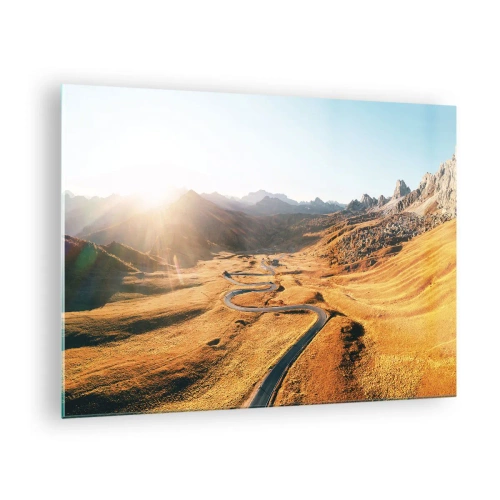 Obraz na skle - Klikatá cesta ve zlatém údolí ozářeném sluncem - 70x50cm - Ve zlatém údolí - Moderní nástěnná dekorace do obývacího pokoje a ložnice ARTTOR