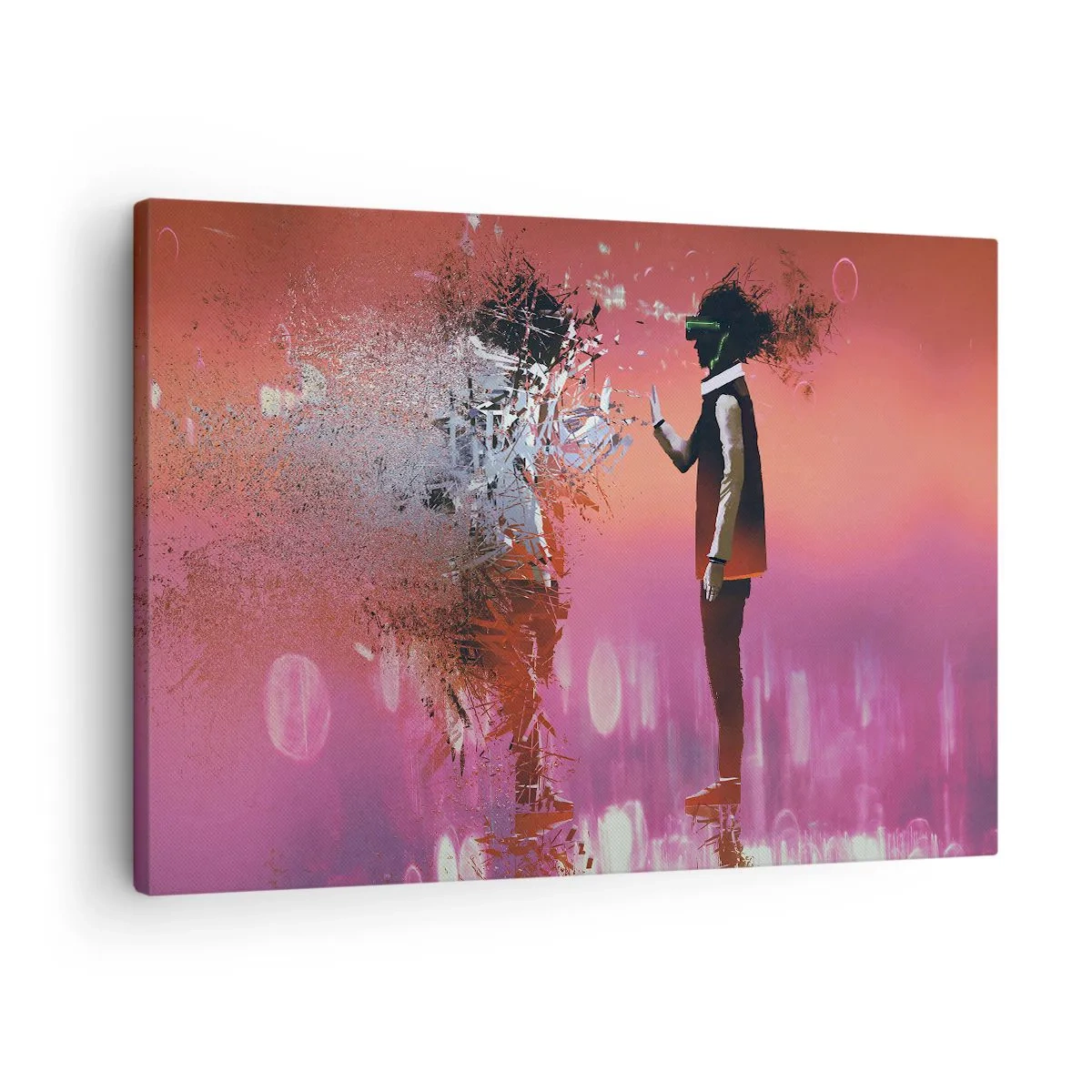 Obraz na plátně - Abstraktní scéna s futuristickou postavou a rozptýlenými prvky. - 70x50cm - Lze nahlédnut do sebe? - Moderní nástěnná dekorace do obývacího pokoje a ložnice ARTTOR