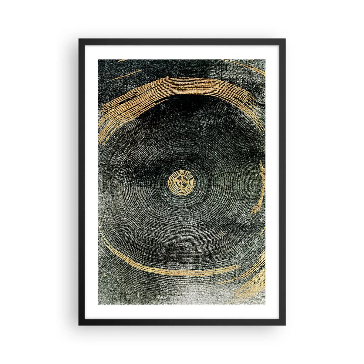 Plakát v černém rámu - Abstraktní dřevěná textura ve zlatých a černých tónech - 50x70cm - Změna a udržitelnost - Moderní nástěnná dekorace do obývacího pokoje a ložnice ARTTOR