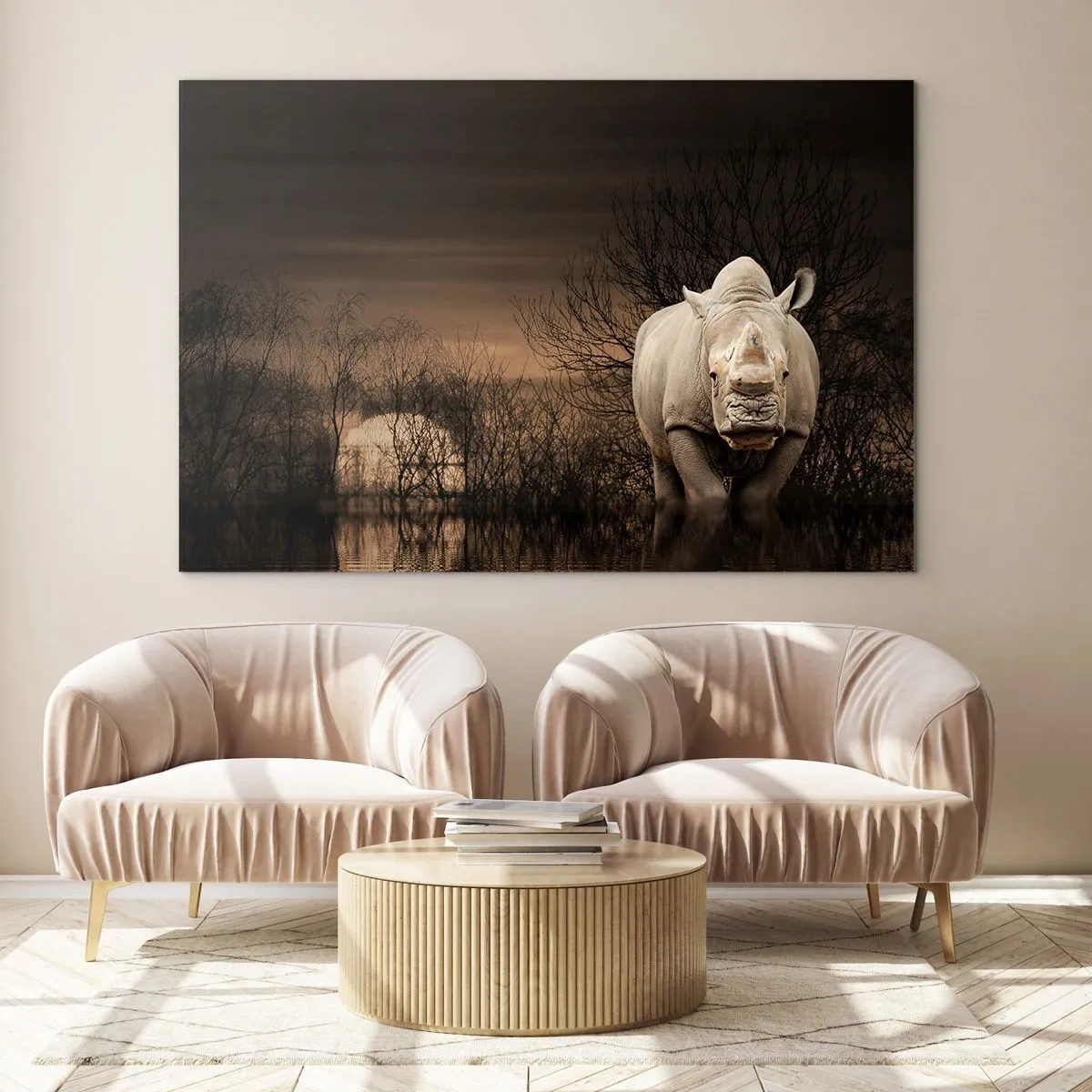 Obraz na skle - Nosorožec proti zapadajícímu slunci - 70x50cm - Bílý proti přírodě - Moderní nástěnná dekorace do obývacího pokoje a ložnice ARTTOR