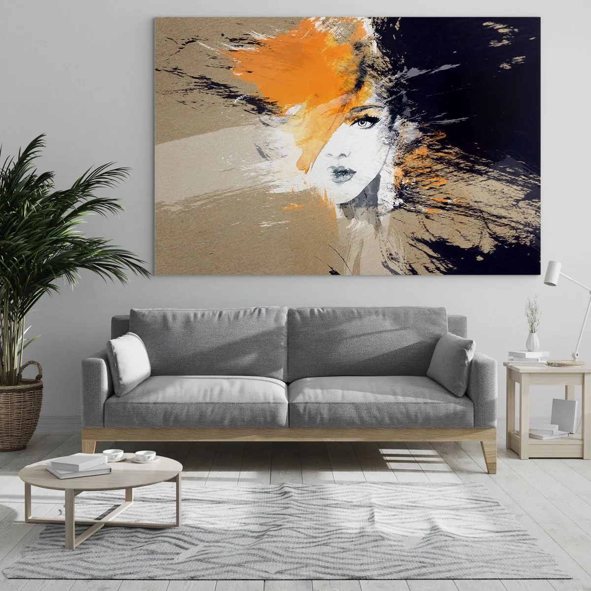 Obraz na skle - Abstraktní portrét ženy s oranžovými akcenty - 70x50cm - A je světlo - Moderní nástěnná dekorace do obývacího pokoje a ložnice ARTTOR