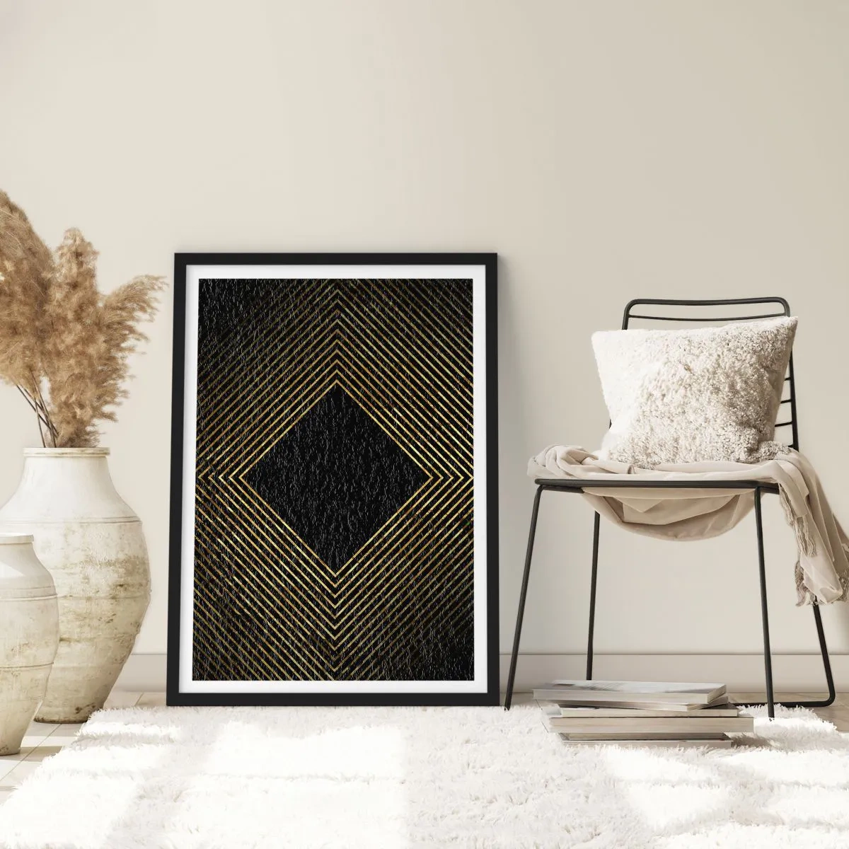 Plakát v černém rámu - Zlaté geometrické čáry na černém pozadí - 50x70cm - Geometrie ve stylu glamour - Moderní nástěnná dekorace do obývacího pokoje a ložnice ARTTOR