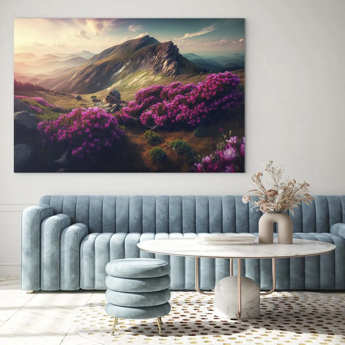 Obraz na skle - Letní horská krajina s kvetoucím růžovým vřesem - 70x50cm - Léto na horách - Moderní nástěnná dekorace do obývacího pokoje a ložnice ARTTOR