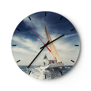Nástěnné hodiny - Jachta na rozbouřeném moři pod modrou oblohou - 30x30cm - Nás nedohoní! - Moderní nástěnná dekorace do obývacího pokoje, kuchyně a ložnice ARTTOR