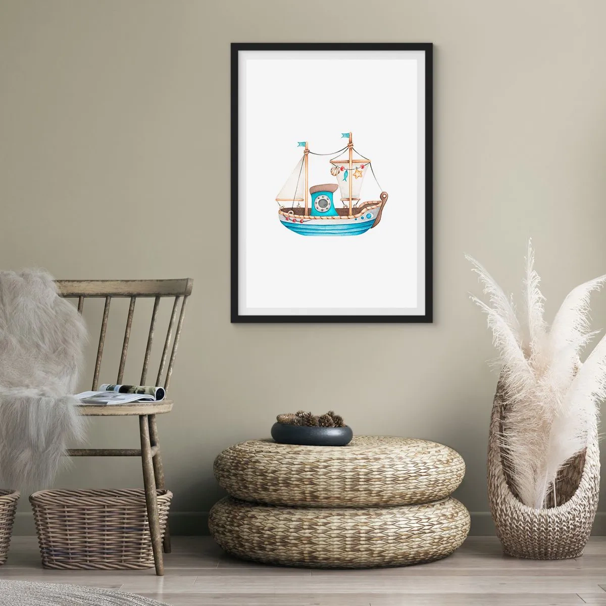 Plakát v černém rámu - Akvarelová loď v pastelových odstínech modré a béžové - 50x70cm - Ahoj, dobrodružství! - Moderní nástěnná dekorace do obývacího pokoje a ložnice ARTTOR