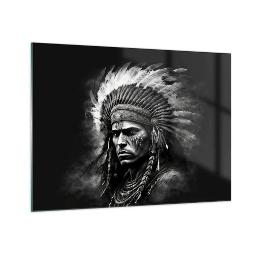 Obraz na skle - Černobílý portrét bojovníka s opeřenou čelenkou - 70x50cm - Vůdce a bojovník - Moderní nástěnná dekorace do obývacího pokoje a ložnice ARTTOR
