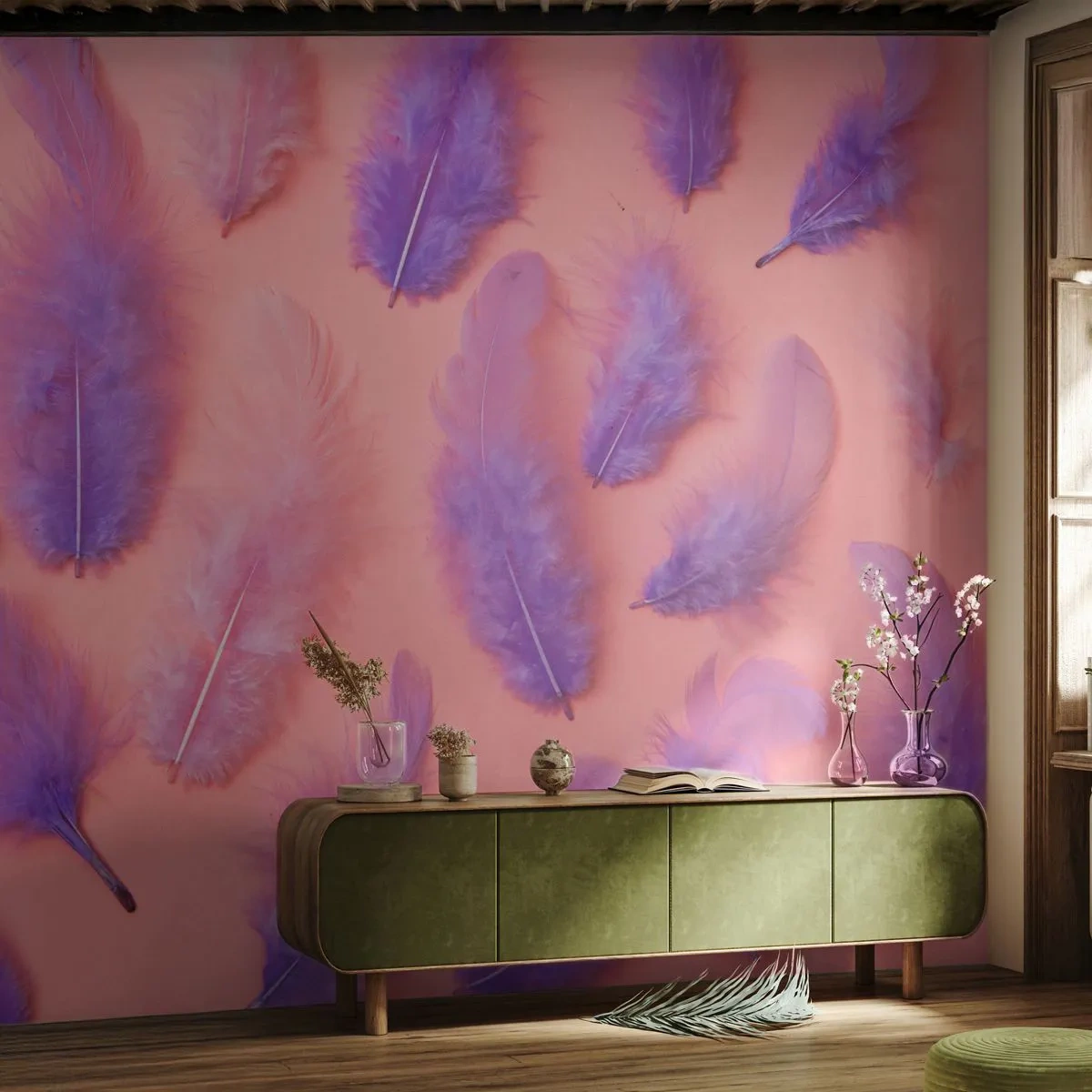 Fototapeta Premium Canvas - Liliový pták touhy - Ptačí pírko, Inspirace, Grafika - 250x175 cm