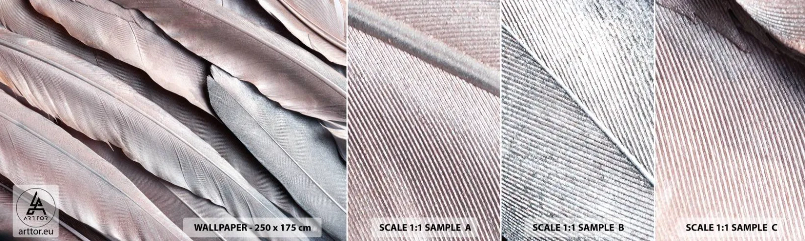 Vzor Fototapety Samolepicí Deluxe Sticker - V růžové a stříbrné - Ptačí pírko, Grafika, Boho - 100x30 cm