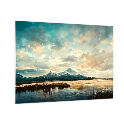 Obraz na skle - Zimní krajina s horami a zamrzlým jezerem - 70x50cm - Pod ochranou nebe - Moderní nástěnná dekorace do obývacího pokoje a ložnice ARTTOR