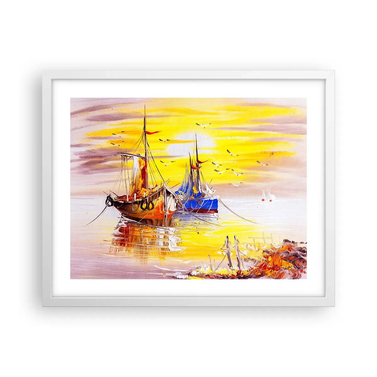 Plakát v bílém rámu - Zasloužený odpočinek v přístavu - 50x40 cm