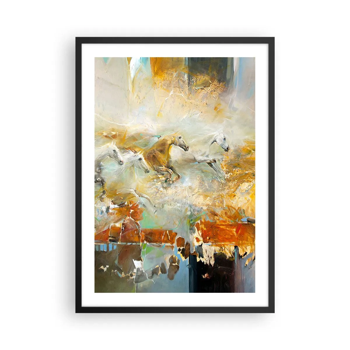 Plakát v černém rámu - Cválající koně v abstraktním prostředí - 50x70cm - Cválá světlem - Moderní nástěnná dekorace do obývacího pokoje a ložnice ARTTOR