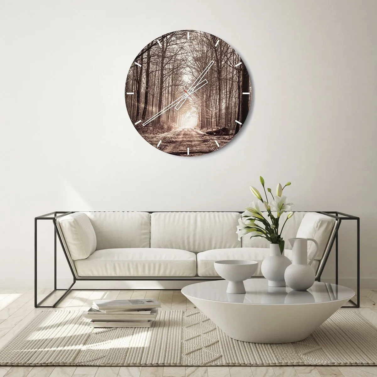 Nástěnné hodiny - Alej stromů v podzimní krajině s perspektivou do hlubin - 30x30cm - Lesní katedrála - Moderní nástěnná dekorace do obývacího pokoje, kuchyně a ložnice ARTTOR