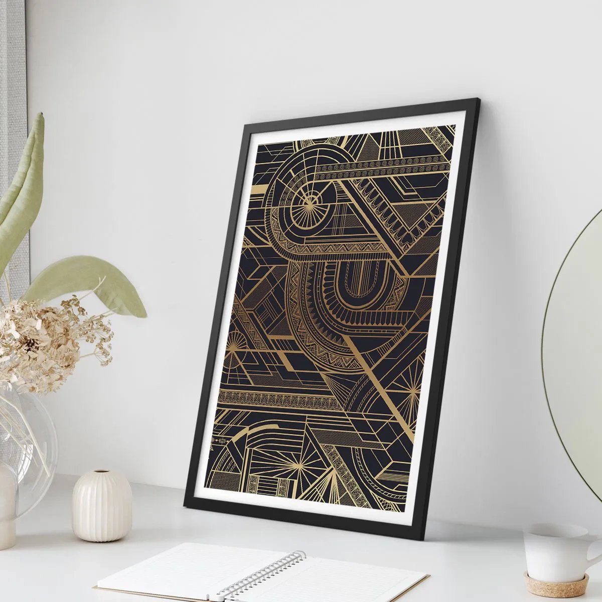 Plakát v černém rámu - Geometrický vzor ve zlatých odstínech na černém pozadí - 50x70cm - Koncepty, nápady, plány - Moderní nástěnná dekorace do obývacího pokoje a ložnice ARTTOR