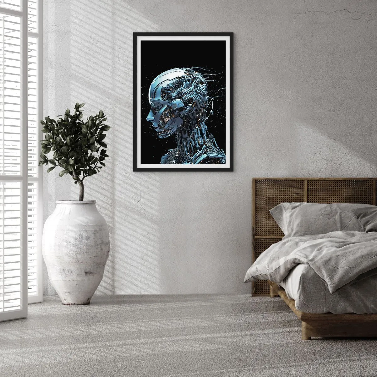 Plakát v černém rámu - Kybernetická postava ve futuristickém stylu - 50x70cm - Technologie je žena - Moderní nástěnná dekorace do obývacího pokoje a ložnice ARTTOR