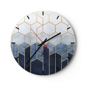 Nástěnné hodiny - Geometrický krychlový vzor v odstínech modré a zlaté - 30x30cm - Kompozice v synkopickém rytmu - Moderní nástěnná dekorace do obývacího pokoje, kuchyně a ložnice ARTTOR