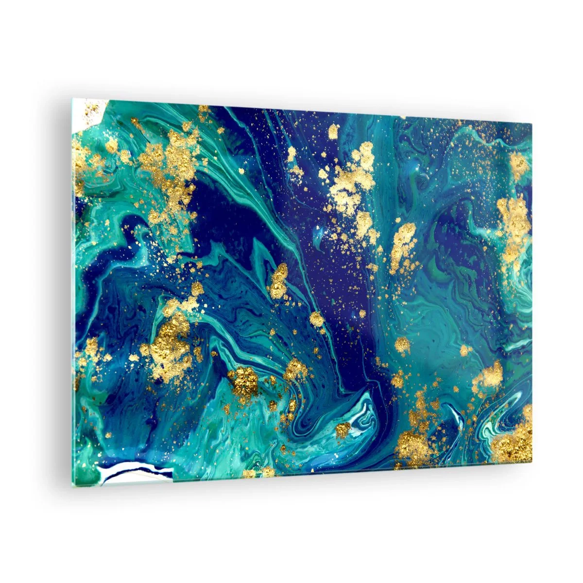 Obraz na skle - Abstraktní vzor v odstínech tyrkysové a tmavě modré se zlatými akcenty - 70x50cm - Plátky slunce - Moderní nástěnná dekorace do obývacího pokoje a ložnice ARTTOR