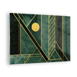 Obraz na skle - Zelená a zlatá geometrická abstrakce ve stylu Art Deco - 70x50cm - Dynamika zlata a lazuritu - Moderní nástěnná dekorace do obývacího pokoje a ložnice ARTTOR