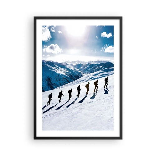 Plakát v černém rámu - Turisté na zasněženém horském svahu na plném slunci - 50x70cm - Tým dobývatelů - Moderní nástěnná dekorace do obývacího pokoje a ložnice ARTTOR