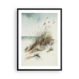 Plakát v černém rámu - Duny ve stylu akvarelu s trávou u klidného moře - 50x70cm - Zahalené v písku - Moderní nástěnná dekorace do obývacího pokoje a ložnice ARTTOR