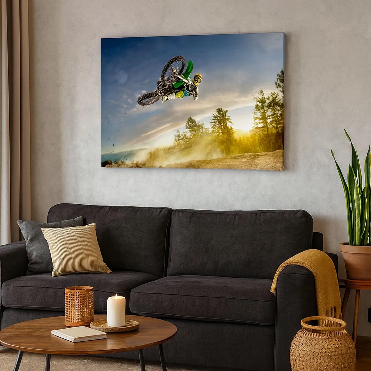 Obraz na plátně - Motocyklista v dynamickém skoku - 70x50cm - Zapni emoce! - Moderní nástěnná dekorace do obývacího pokoje a ložnice ARTTOR