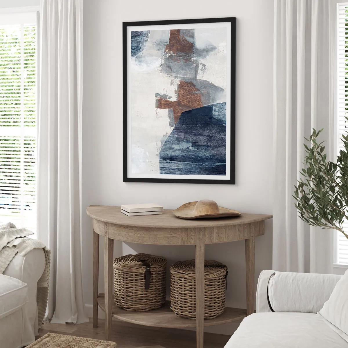 Plakát v černém rámu - Moderní abstrakce v odstínech hnědé a tmavě modré - 50x70cm - Modro-hnědé tvary - Moderní nástěnná dekorace do obývacího pokoje a ložnice ARTTOR