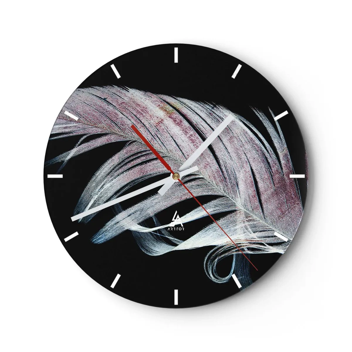 Nástěnné hodiny - Jemné pírko v pastelových barvách na černém pozadí - 30x30cm - Přemýšlejte o dotyku - Moderní nástěnná dekorace do obývacího pokoje, kuchyně a ložnice ARTTOR
