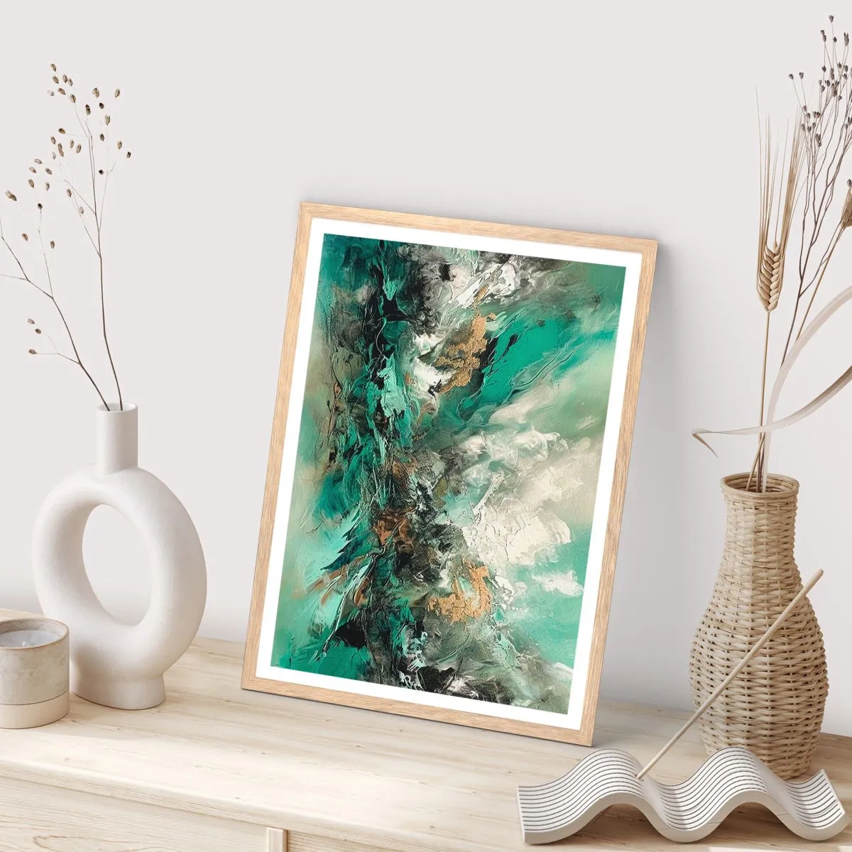 Plakát v rámu světlý dub - Smaragdově černé vlnobití - 30x40 cm